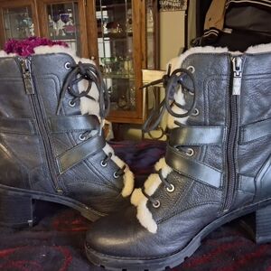 UGG Black Leather Lace-Up Ankle Booties with Faux Shearling Trim